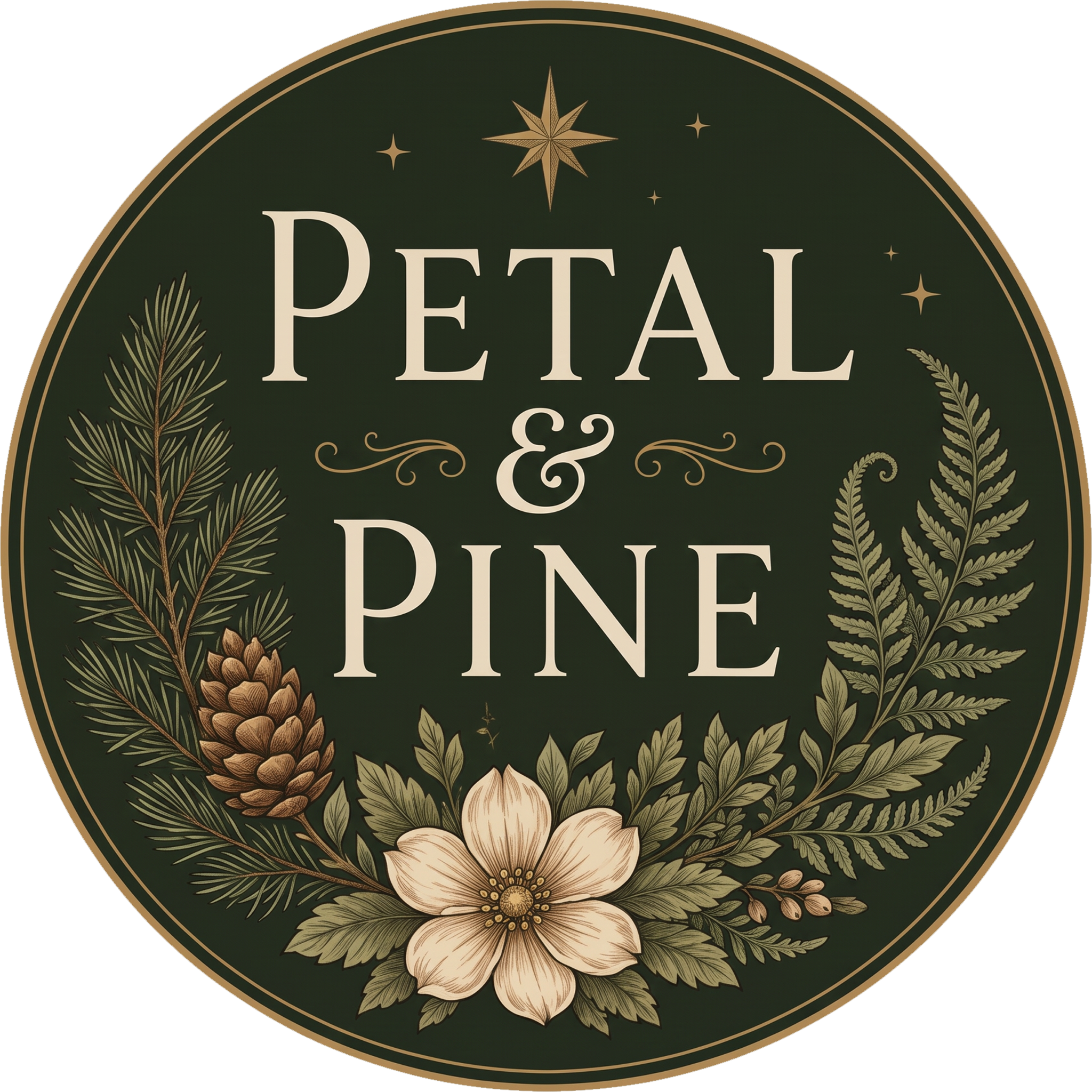 Petal & Pine, with gold stars, pine, fern, and a cream flower.
